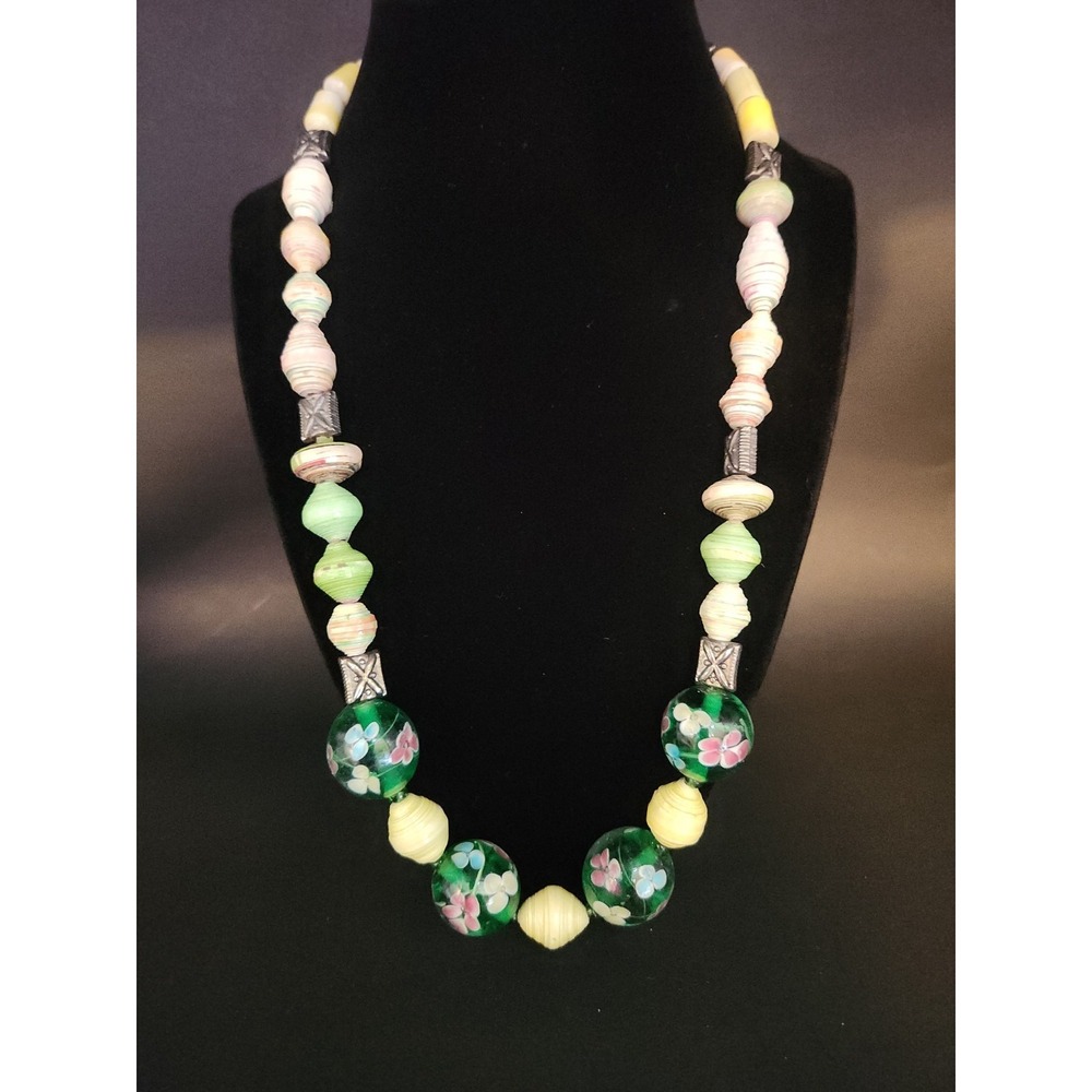 Boho Handmade Paper Bead Statement Necklace W/Green Lampwork Glass Floral Beads